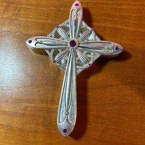 Silver tone Cross trinket box with Purple Gem Accents